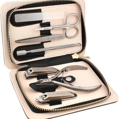 Manicure Pedicure Set 7-in-1 Stainless Steel, Ultra Sharp, Slanted Nail Clipper, Fingernail Clipper, Cuticle Nipper, Glass Nail File, Eyebrow Tweezers, Scissors, Case - Gift Idea - Gray