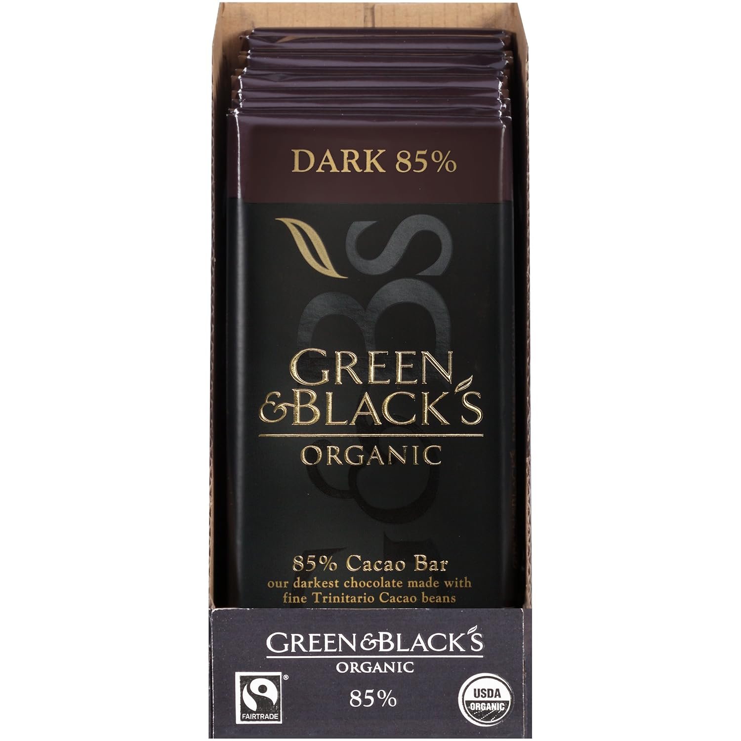Green & Black's Organic Dark Chocolate, 85% Cacao, 90g (Pack of 10)