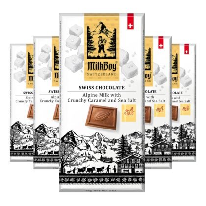 Milkboy Swiss Chocolates Milk Chocolates - Alpine Milk Chocolate Bars with Crunchy Caramel Sea Salt - Gluten-Free Non-GMO All Natural - Made in Switzerland - 3 oz, Pack 5