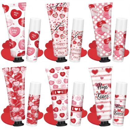 Demissle 6 Sets Bulk Hand Cream & Lip Balm Party Favors for Women – Red Heart Candy Moisturizing Hand Lotion Set, Easter Basket Stuffers, Teacher & Coworker Appreciation Goodie Bags