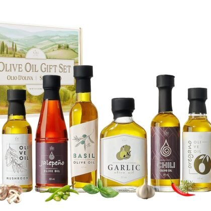 Kiri & Sons Olive Oil Gourmet Sampler Gift Set of 8 - Premium Extra-Virgin Olive Oil Made In Spain, Natural Flavors Include Mushroom, Chili, Garlic, Oregano, Blood Orange, Smoky Bacon, Jalapeno, Basil
