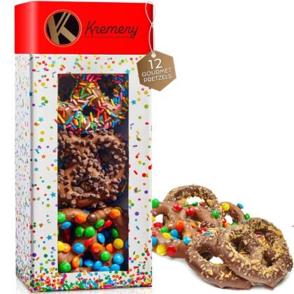 KREMERY Creamy Chocolate Cravings - Easter Chocolate Covered Pretzel Twists Gift Basket with Candied Toppings (12 Pretzels) Ramadan Gifts Sweet Treats in Confetti Tower Kosher
