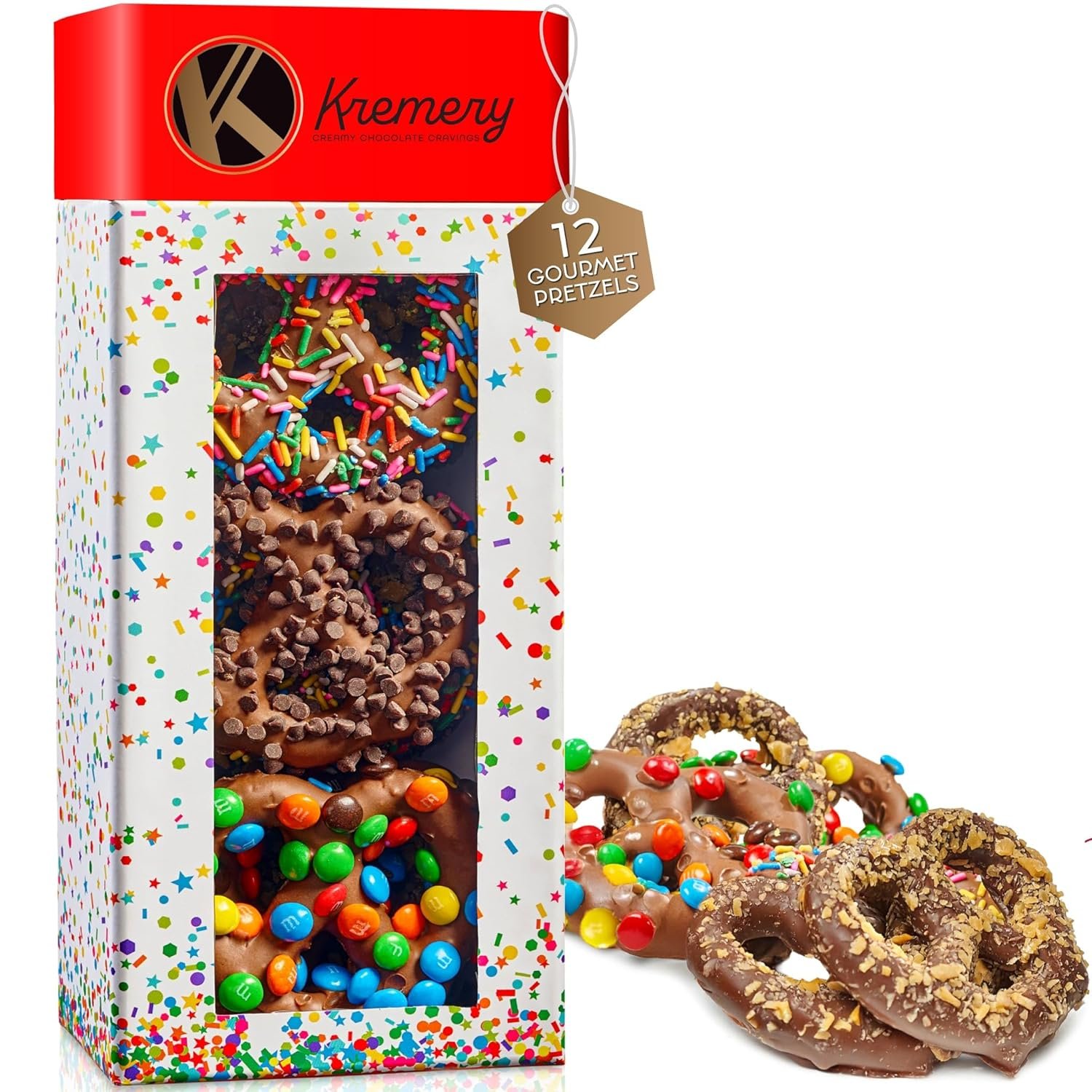 KREMERY Creamy Chocolate Cravings - Easter Chocolate Covered Pretzel Twists Gift Basket with Candied Toppings (12 Pretzels) Ramadan Gifts Sweet Treats in Confetti Tower Kosher