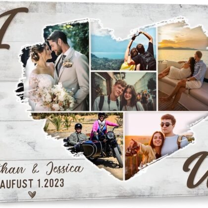 KiKiLuna Personalized I Love Us Photo Collage Frame Canvas, Custom Couple Names & Date Framed Wall Art, Rustic Heart Picture Collage, Anniversary Wedding Valentine’s Day Gift for Husband Wife Bedroom Decor