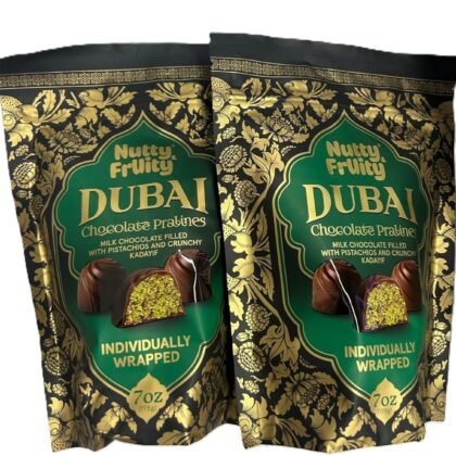 Nutty Fruity Dubai Chocolate Pralines with Pistachio and Crunchy Filling, Individually Wrapped, 7 oz, Green and Gold Package 2 pack