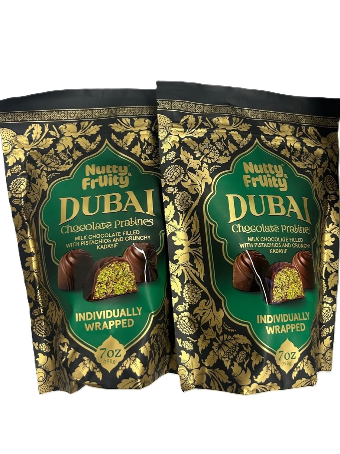 Nutty Fruity Dubai Chocolate Pralines with Pistachio and Crunchy Filling, Individually Wrapped, 7 oz, Green and Gold Package 2 pack