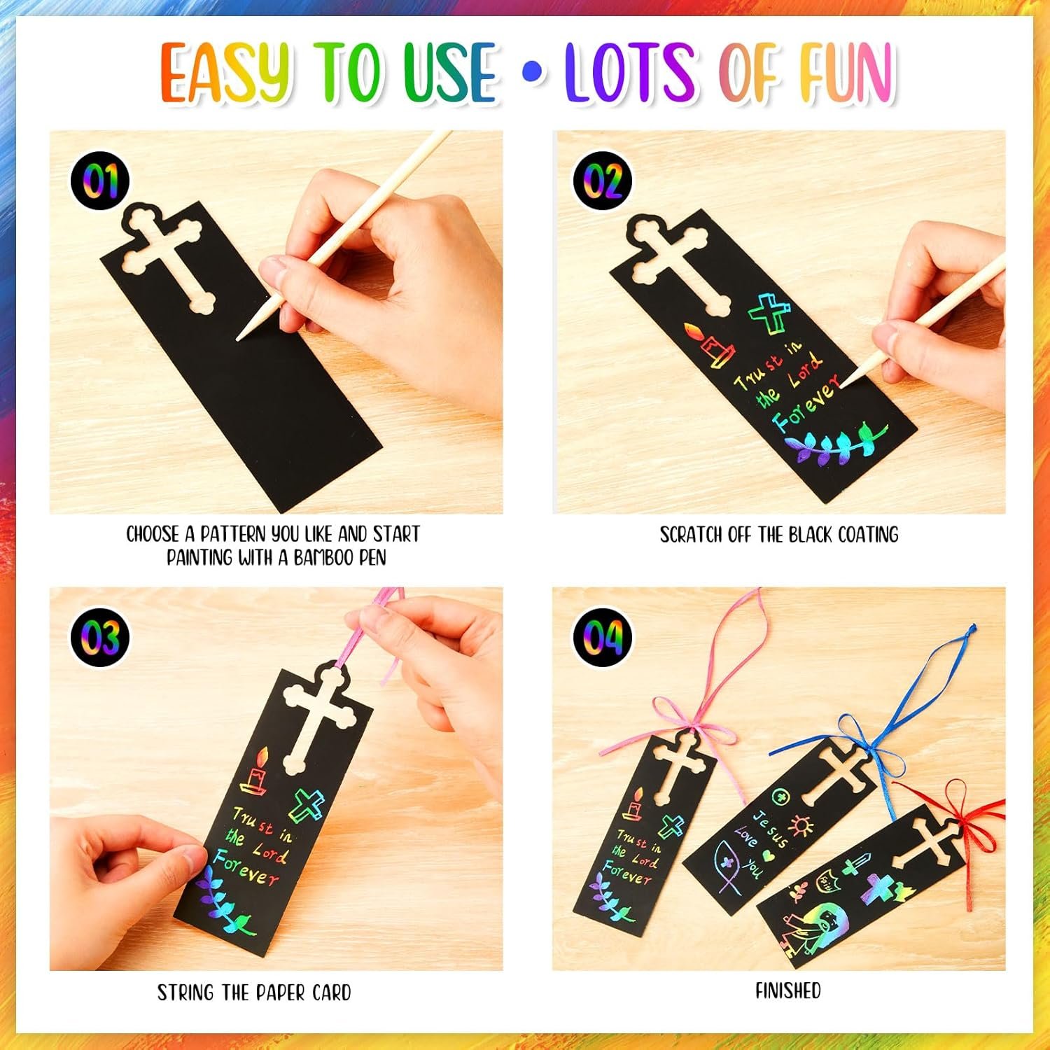 Eersida 100 Pcs Christian Cross Scratch Cards Cross Ornaments DIY Bookmarks Paper Cards Rainbow Color Craft Kit Scratch Off Paper Religious Party Favors Easter Baptism Birthday Gifts Church Decor - Image 4