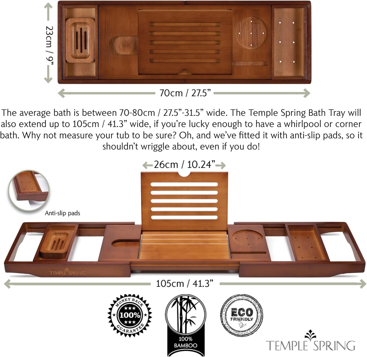 Temple Spring Wooden Bathtub Tray, Bamboo Bathroom Accessories, Bath Tray for Tub, at Home Spa Essentials, Board for Tub Table, Bath Caddy for Bathtub Accessories & Bathroom Essentials – Wood Brown - Image 3