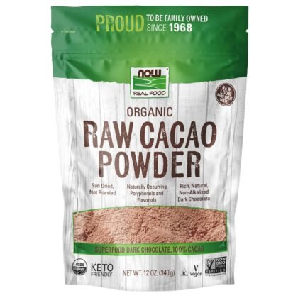 NOW Foods, Organic Raw Cacao Powder, with Polyphenols and Flavonols, Sun-Dried, Intensely Rich Flavor, 12-Ounce (Packaging May Vary)