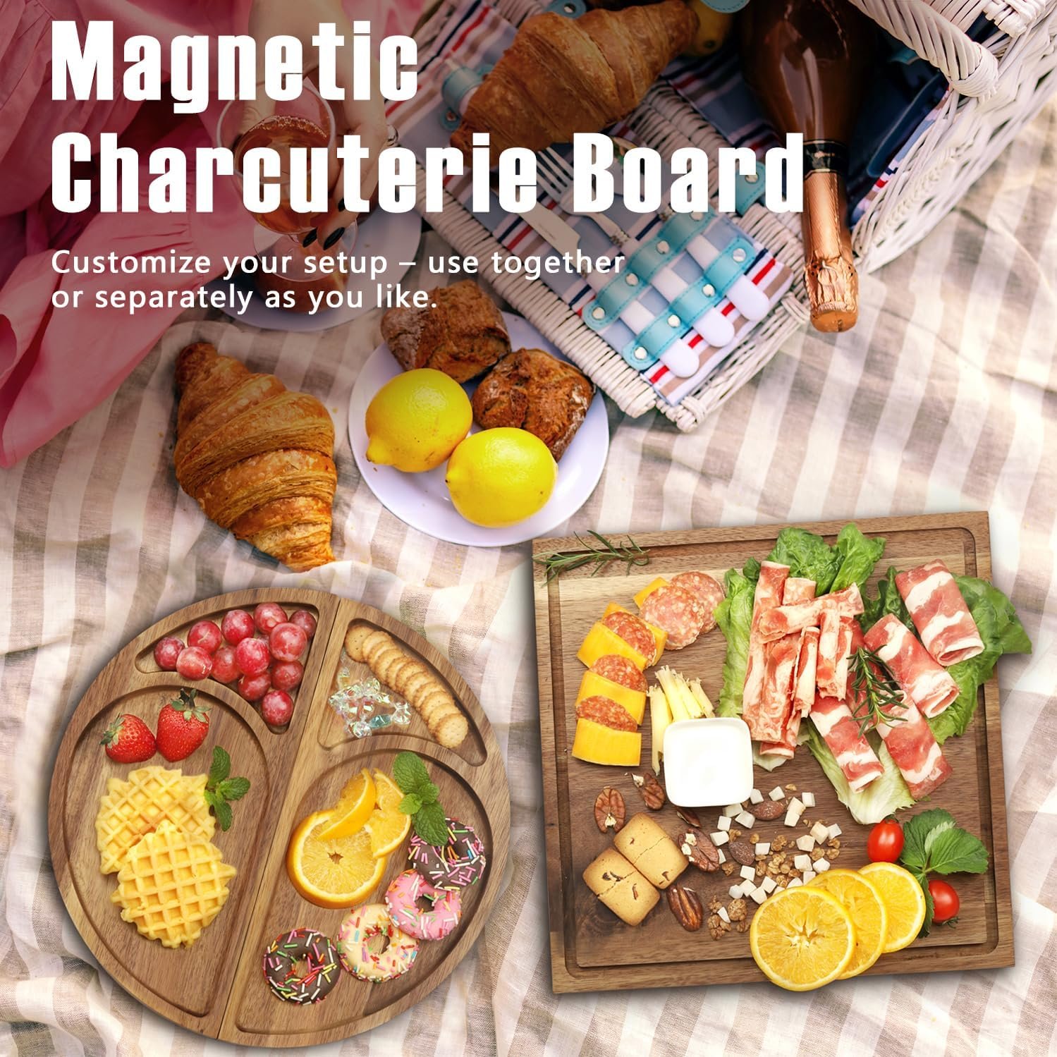 Extra Large Magnetic Charcuterie Board Cheese Board Gift Set 3 Part Square & Round & Heart Shaped Acacia Wood Charcuterie Cheese Boards Wooden Tray Serving Board Platter for Valentine - Image 5