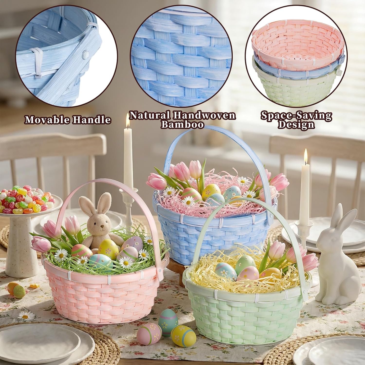 Lanpn Easter Baskets 3 Pcs Natural Bamboo Set with Easter Grass Fillers for Easter Egg Hunt Candy Picnic and Pastel Spring Decoration Woven Basket (Pink Blue Green) - Image 3