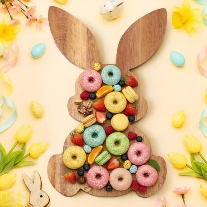 Easter Bunny Wood Cutting Board 15"x 9.5" Thick Charcuterie Cheese Board Large Decorative Serving Tray Food Platter for Easter Decoration Charcuterie Kitchen Meal Prep(Fun)