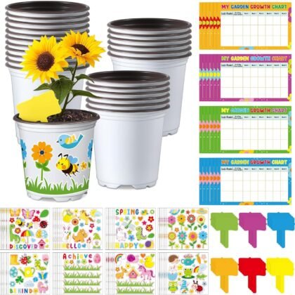 Capoda 24 Sets Garden Flower Pots Crafts Kit DIY Spring Plastic Seedling Nursery Pots with Stickers Plant Labels Growth Charts Planting Growing Tools Classroom Activities Project Gifts (Round)