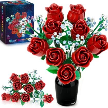 Roses Flowers Bouquet Building Set for Adults, Red Rose Flores Botanical Collection Kits Compatible with Lego Flower, Christmas Valentines Day Gifts Women Girls