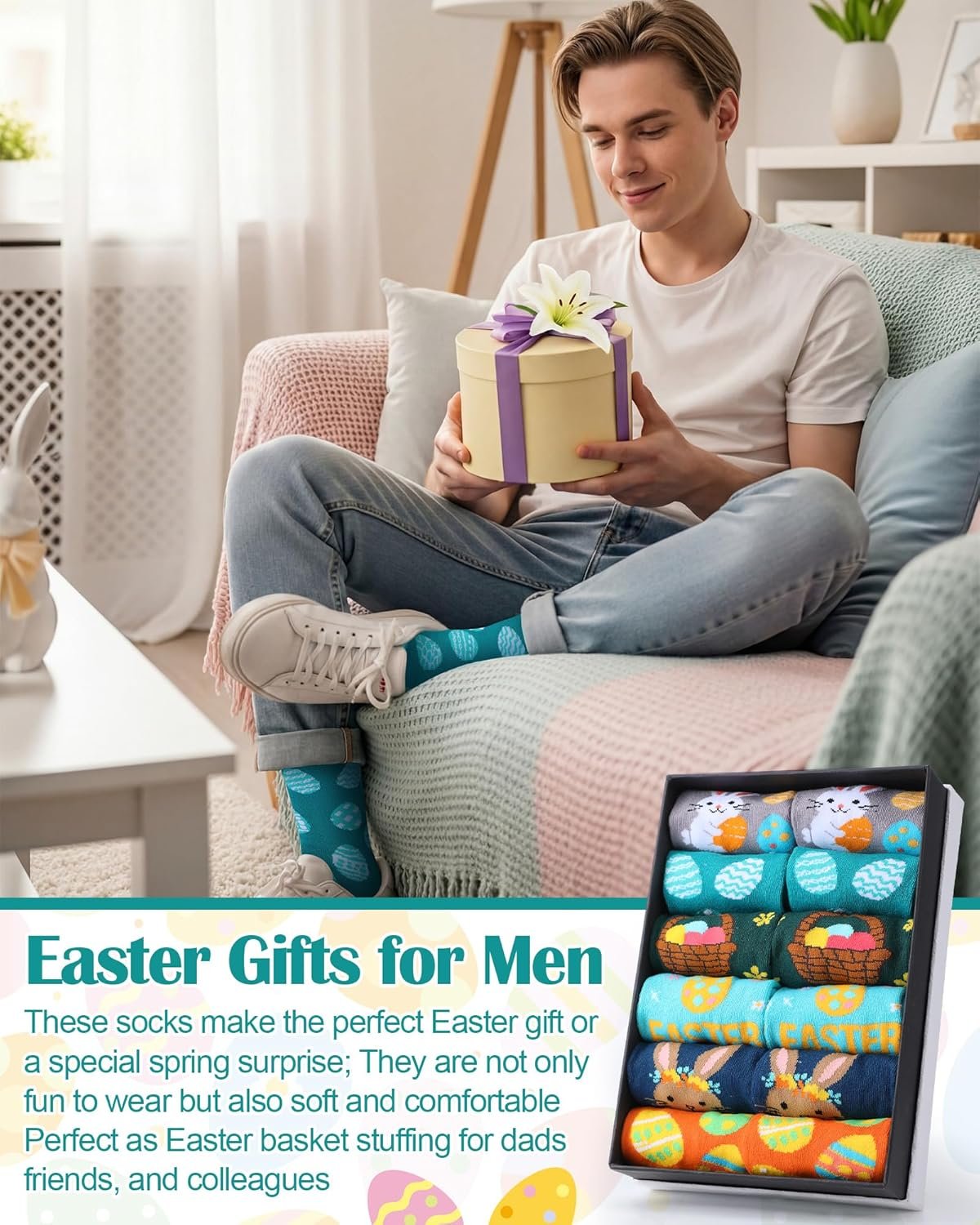 Eurzom 6 Pairs Funny Men's Easter Socks Bunny Eggs Pattern Crew Socks Spring Easter Basket Stuffers Gifts Size 7-12 - Image 6