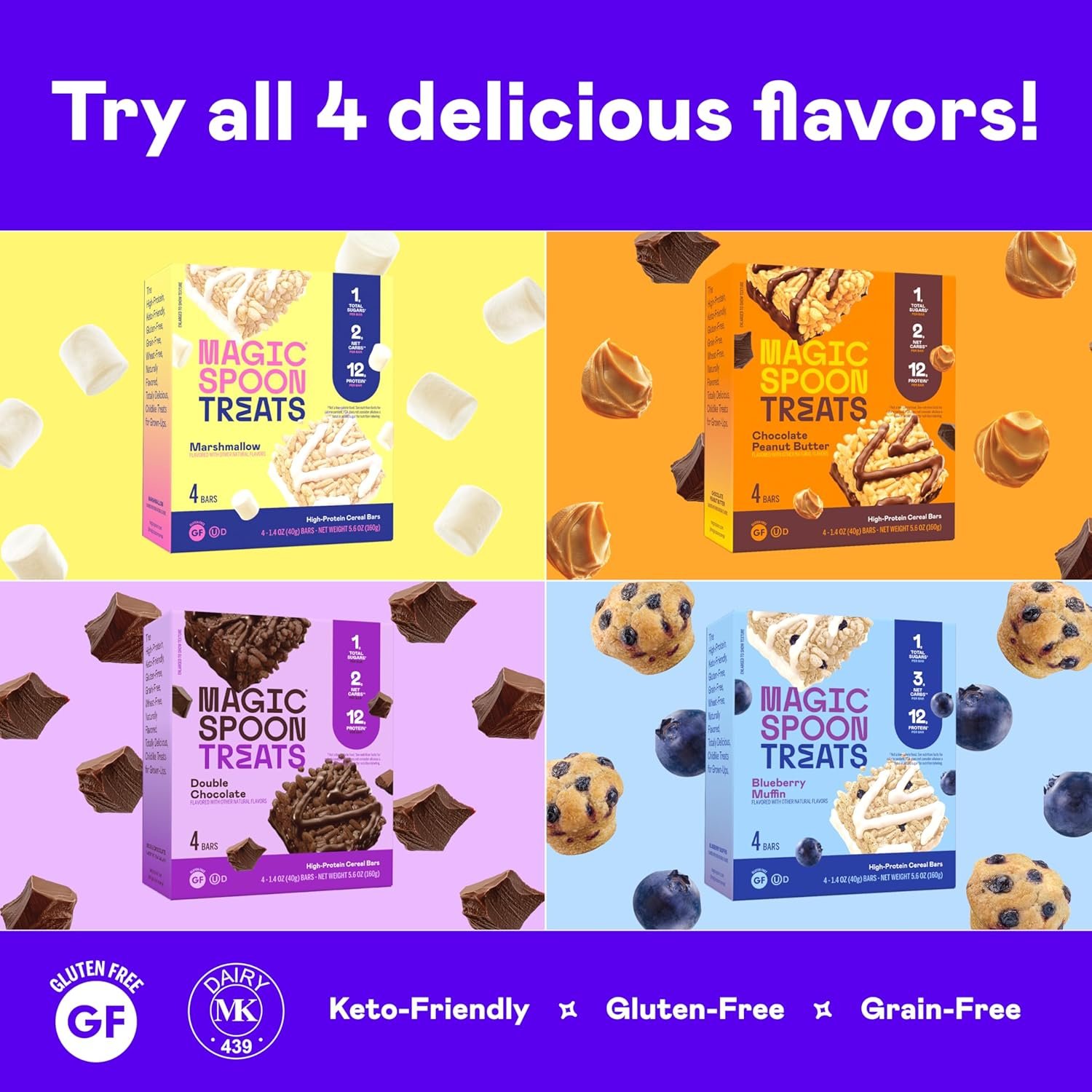 Magic Spoon Treats - 8 High Protein Bars: 2 Marshmallow, 2 Chocolate Peanut Butter, 2 Blueberry Muffin, 2 Double Chocolate - High Protein Gluten Free Snack - Sugar Free Protein Cereal Bar - Image 7