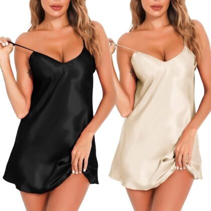 Lovasy Women's 2 Pack Silk Nightgown Sexy Lingerie Satin Sleepwear Negligee V Neck Chemise Nightwear Mini Slip Dress S-XXL