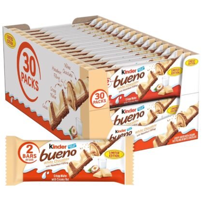 Kinder Bueno White Chocolate Bars with Hazelnut Filling, 30 Packs of 2, Bulk Chocolate Candy Bars for Game Day, Football Party Supplies, Snacks for Adults, 1.4 oz Per Pack