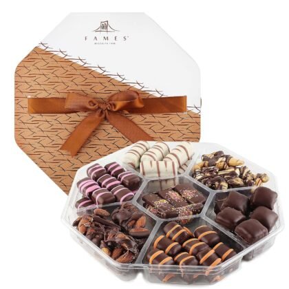 Fames Chocolates Gourmet Gift Box - Belgian Truffle Chocolate Assortment - Dairy-Free Kosher Chocolate with Caramel, Hazelnut, Crunch Nutty, Fudgy, Raspberry, and Mango - Holiday Candy Gift Basket