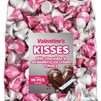 Milk Chocolate & Strawberry Ice Cream Mix – 1 lb Bag (Approx. 95 Pieces) in Silver & Pink Foils – Perfect Valentine's Candy for Gift Bags, Candy Bowls, Party Favors, and Baking Decorations