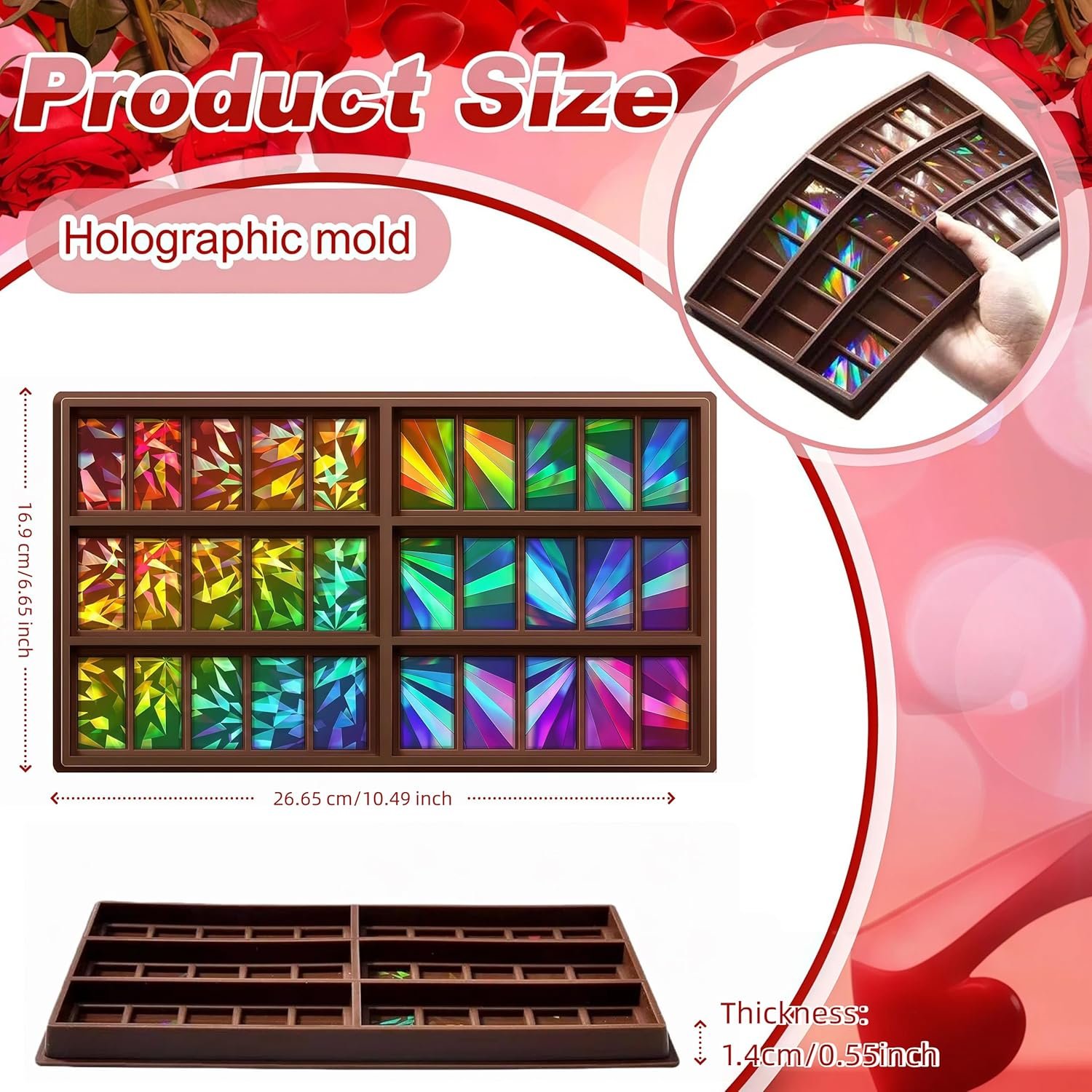 Windmill and Diamond Holographic Chocolate Bar Mold Silicone, Rainbow Light Effect Chocolate Bar Deep Thick Molds for DIY Candy Dessert Baking, Candy, Wax Melts, Cake Decoration (Rectangle) - Image 2