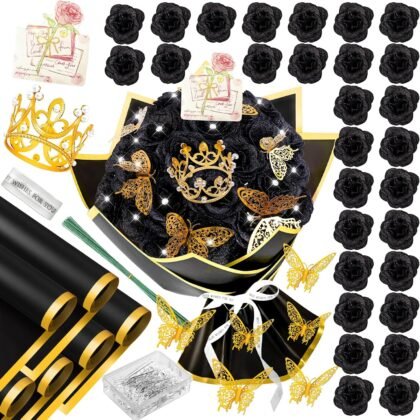 28 Black Glitter Roses Bouquet Artificial Flowers Bouquet with Diomand Pins,Black Roses DIY Fake Flower Bouquet Kit - Sparkling Flower Arrangement for Valentine’s Day,Anniversary,Weddings,Engagement