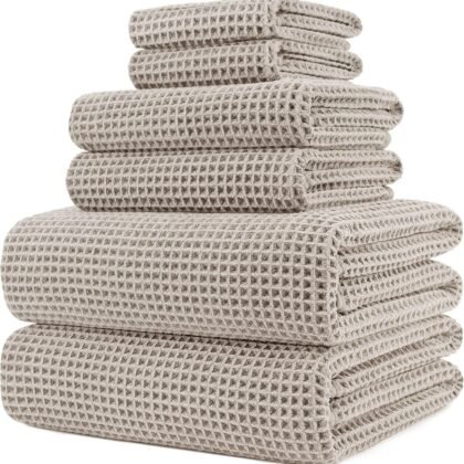 POLYTE 430 GSM Microfiber Quick Dry Lint Free Oversize Bath Towel Set, 6 Piece (Waffle Weave)