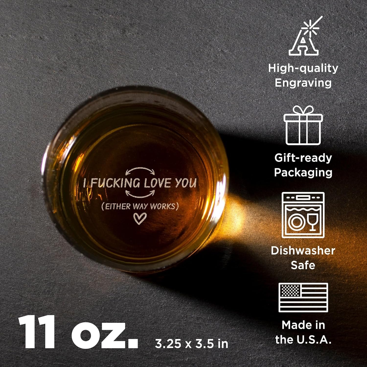 On The Rox Engraved Whiskey & Bourbon Glass Gifts - Fun Message Gift For Him - Personalized 11 oz Engraved Message Scotch Glass - Birthday, Anniversary (I Love You) - Image 2