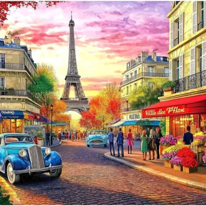 Paris Street Scene 1000 Piece Jigsaw Puzzle for Adults Eiffel Tower Cityscape with Vintage Cars Landscape Scenery Challenging Family Puzzle Perfect for Game Nights (27.5"X19.6")