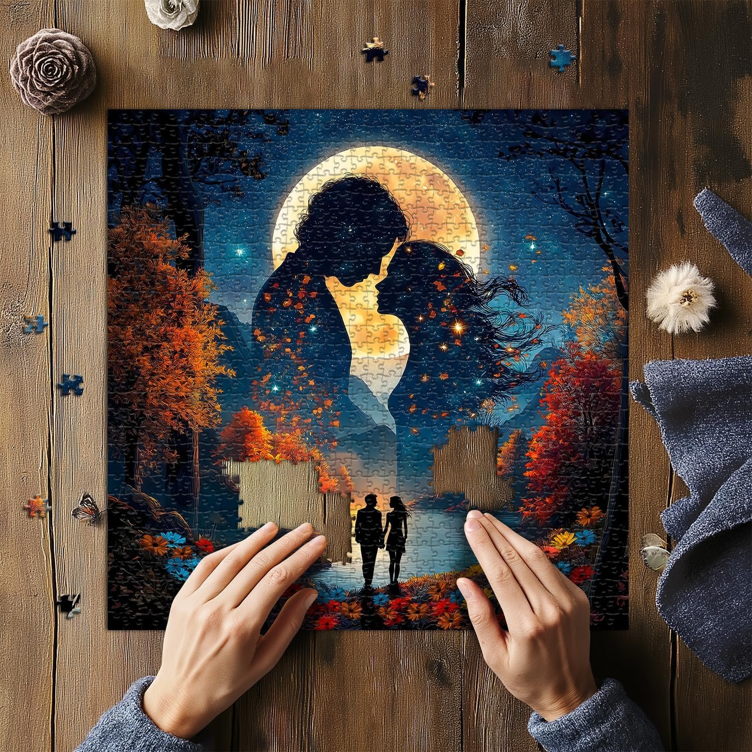 Romantic Couple Puzzles for Adults 1000 Pieces, Full Moon Night Landscape Jigsaw Puzzle with Autumn Scenery Love Themed, Nature Scenic Flower Tree Mountain Puzzle, Challenging for Adults - Image 4