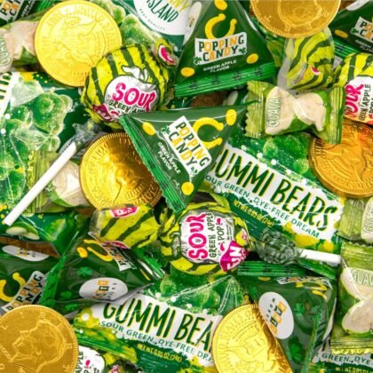 St Patricks Day Candy Assortment | 2 Pound Bag | Gold Chocolate Coins, Guava Hard Candy, Sour Apple Lollipops, Popping Rocks & Gummi Bears for Parties & Treat Bags