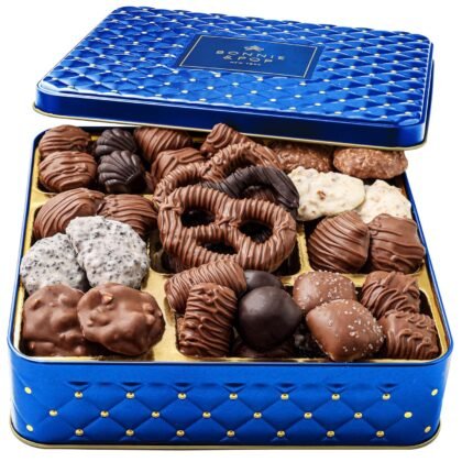 Chocolate Gift Basket, Candy Food Gifts Arrangement Platter, Gourmet Snack Box, Present Idea, Corporate Him & Her, Men Women Sympathy Family Parties & Get Well- Blue- Bonnie & Pop