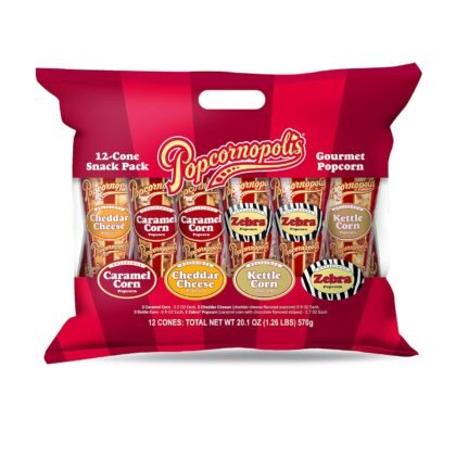 Popcornopolis Gourmet Popcorn Cone (12 PK) Assorted Flavors – Zebra, Cheddar Cheese, Caramel & Kettle Corn Popcorn, Great for Gifting & Sharing