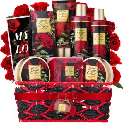 Gifts for Her - Exotic Rose Valentine Gift Basket for Women, Spa Bath and Body Gift Set, Anniversary Gifts for Women, Mom Birthday Gift with Body Scrub, Bubble Bath, Lotion & More