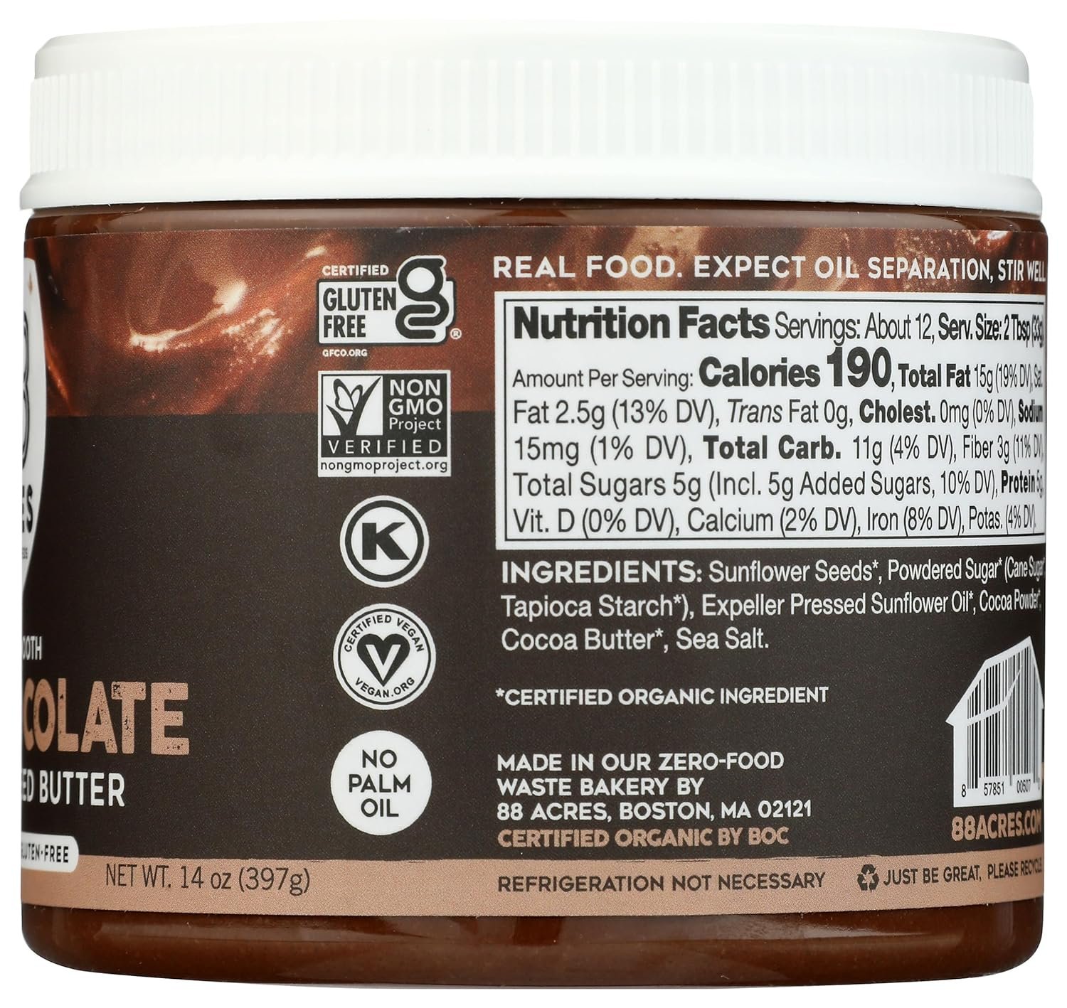88 ACRES Organic Sunflower Seed Butter Chocolate, 14 OZ - Image 7