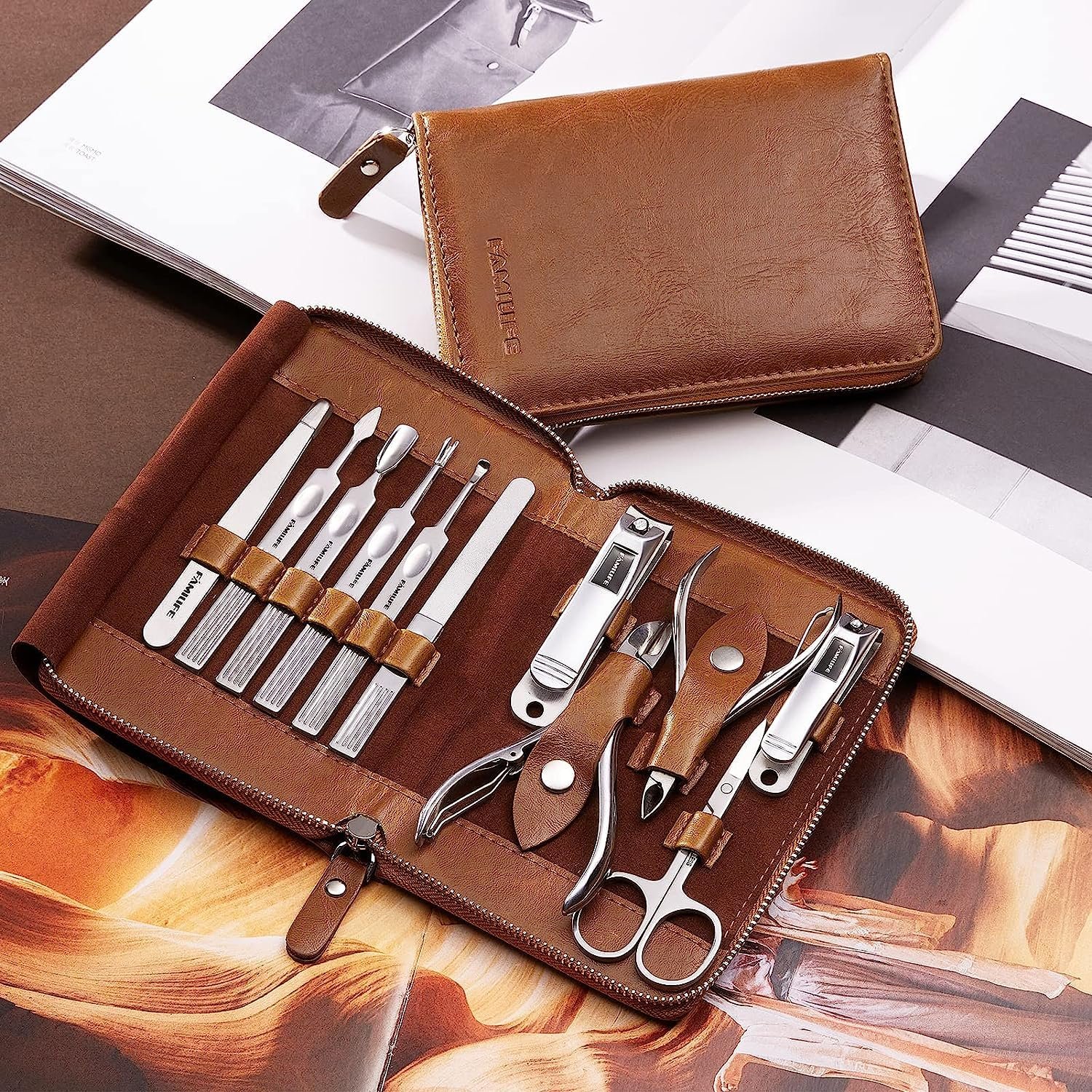 FAMILIFE Manicure Set, Professional Manicure Kit Nail Clippers Set 11 in 1 Stainless Steel Pedicure Tools Nail Kit Men Grooming Tool with Portable Brown Leather Travel Case Luxury Gifts for Him - Image 10