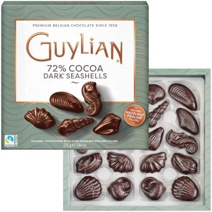 Easter Dark Chocolate Candy Gift Box, 7.94 oz, 20 pc Gourmet Hazelnut Praliné Seashells by GuyLian, 72% Cocoa Belgian Dark Chocolate, Easter Basket Stuffers for Adults, Gifts for Kids
