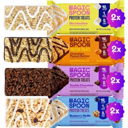 Magic Spoon Treats - 8 High Protein Bars: 2 Marshmallow, 2 Chocolate Peanut Butter, 2 Blueberry Muffin, 2 Double Chocolate - High Protein Gluten Free Snack - Sugar Free Protein Cereal Bar