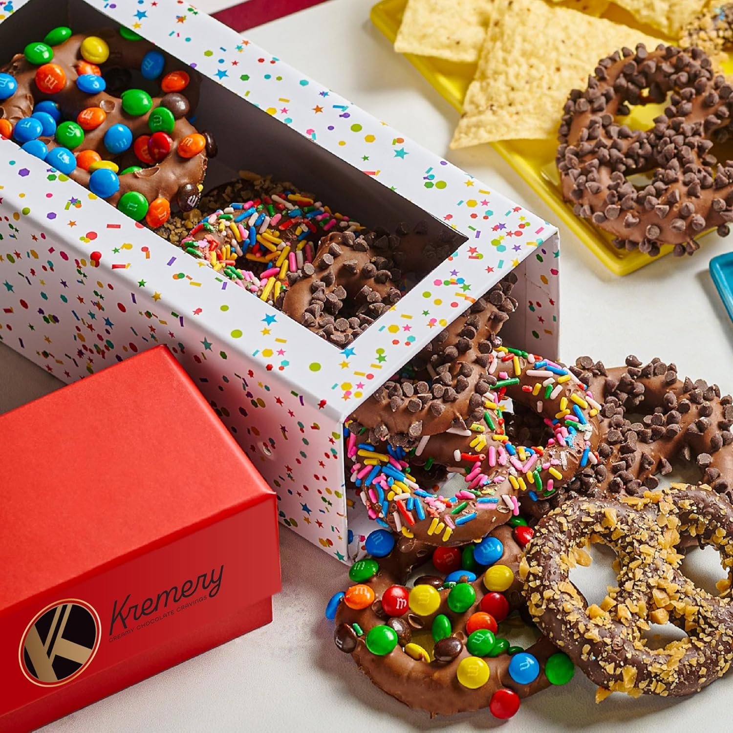 KREMERY Creamy Chocolate Cravings - Easter Chocolate Covered Pretzel Twists Gift Basket with Candied Toppings (12 Pretzels) Ramadan Gifts Sweet Treats in Confetti Tower Kosher - Image 5