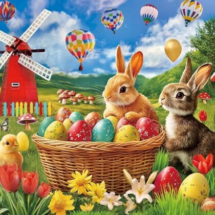 300 Piece Puzzle for Adults Kids Seniors - Happy Easter - Easter Eggs Bunny Tulips Lilies