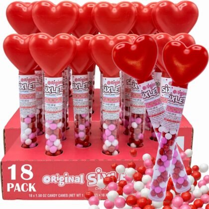 VALENTINE'S Chocolate Candy Filled Tubes, 18 Count Bulk, Candy Filled Heart Topped Tubes, Pink, Red, White Candy Covered Chocolate Balls, Classroom Exchange, Valentine's Gift for Kids, Individually Wrapped 1.5 Oz Ea