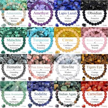 SAMOCO 16Pcs Natural Healing Crystal Bracelets for Women Men Semi-Precious Gemstone Beaded Bracelets Round Beads Gemstones Stretch Yoga Bracelet