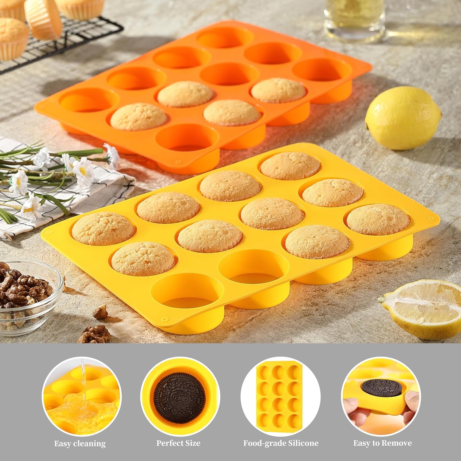 2 Pcs Oreo Chocolate Cookie Silicone Molds, 12-Cavity Round Silicone Mold, Baking Mold for Oreo, Chocolate, Cookie, Candy, Mini Cake, Jelly (Orange + Yellow) - Image 3