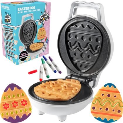 Mini Easter Egg Waffle Maker- Make Holiday Morning Breakfast Special - Includes 4 Edible Food Markers for Optional Extra Decorating Fun - Easter Bunny Basket Stuffer, Egg Hunt Surprise Gift for Kids