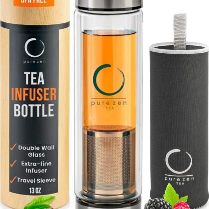 Pure Zen Tea Tumbler with Infuser - Double Wall Glass Travel Mug with Stainless Steel Filter - Leakproof Tea Infuser Bottle for Loose Leaf Infusions and Fruit Infused Water - Unique Gift Set - 13 oz