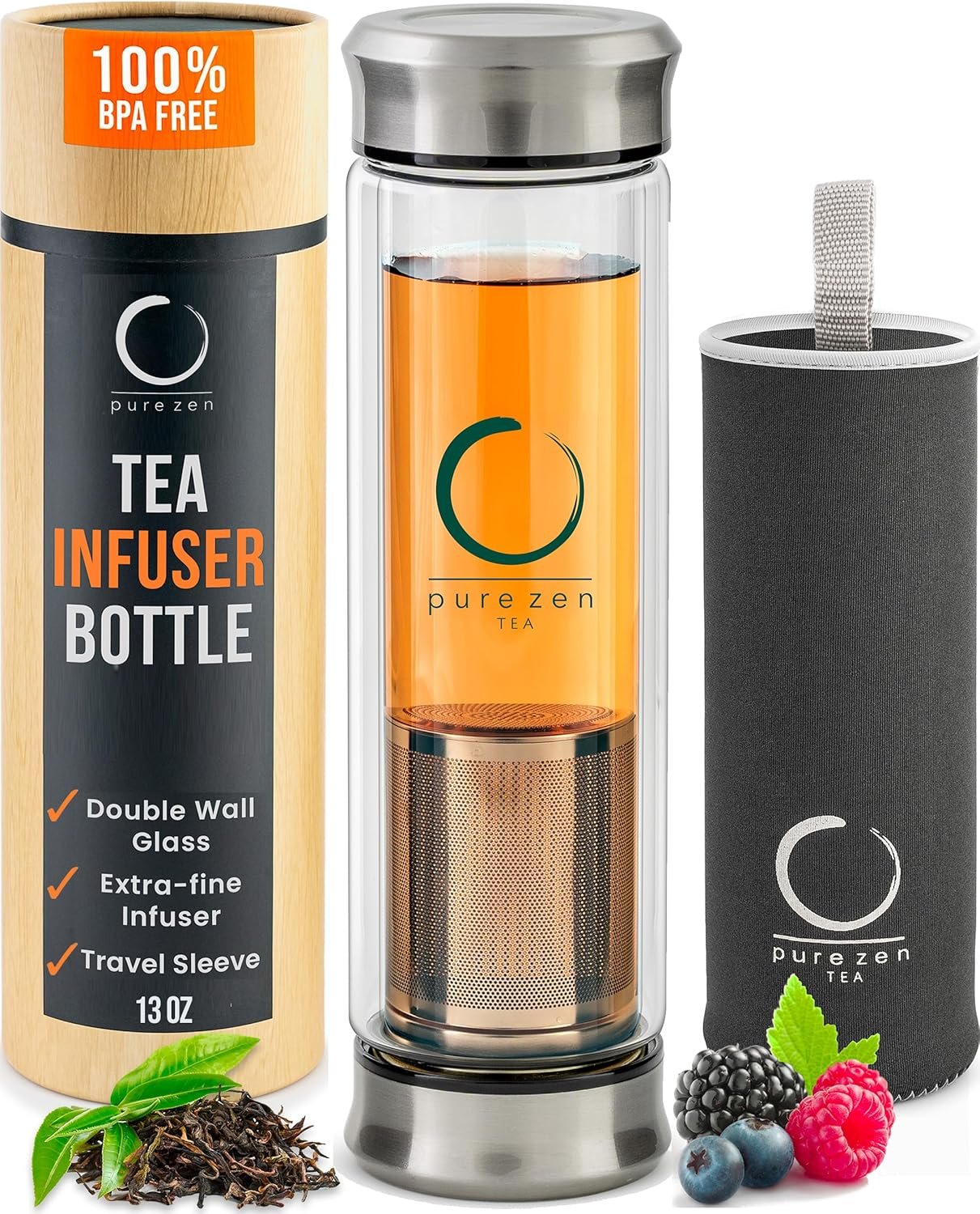 Pure Zen Tea Tumbler with Infuser - Double Wall Glass Travel Mug with Stainless Steel Filter - Leakproof Tea Infuser Bottle for Loose Leaf Infusions and Fruit Infused Water - Unique Gift Set - 13 oz