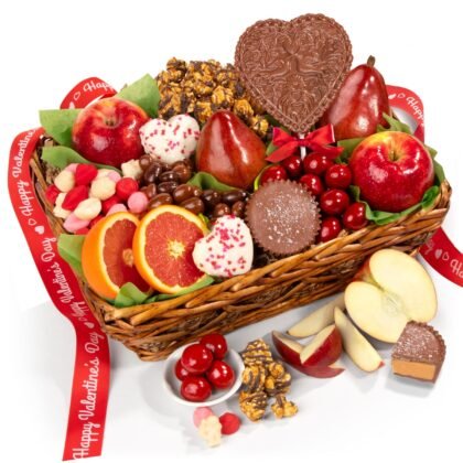 Valentine Gift Basket with Fruit and Chocolate for Her, Him, Families