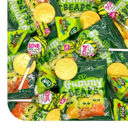 St Patrick's Day Candy Assortment - 2 Pound Pack - Sour Lollipops, Milk Chocolate Coins, Individually Wrapped Jelly Beans & 3D Gummi Bears Pouches for Gifting & Party Favors