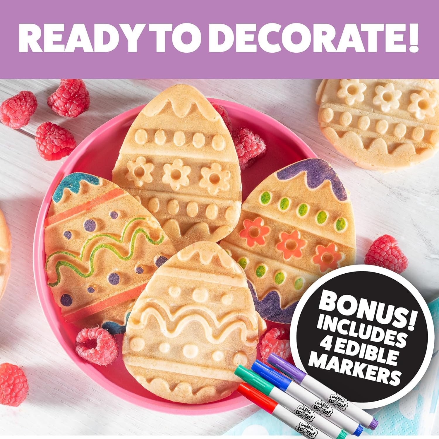 Mini Easter Egg Waffle Maker- Make Holiday Morning Breakfast Special - Includes 4 Edible Food Markers for Optional Extra Decorating Fun - Easter Bunny Basket Stuffer, Egg Hunt Surprise Gift for Kids - Image 4