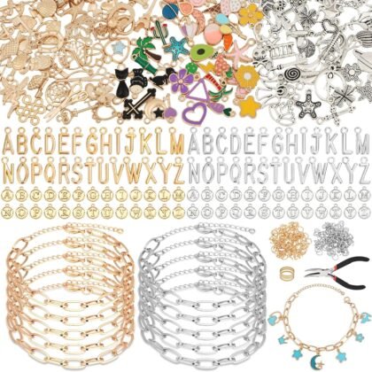 Charm Bracelet Making Kit for Adults & Teens, 477Pcs DIY Charm Bracelet Set with Gold & Silver Charms, Paperclip Chain Bracelets, Alphabet Charms, Complete Jewelry Making Supplies for Crafting